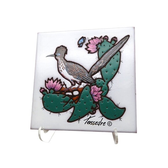 Ceramic Art Tile Cleo Teissedre 1992 Roadrunner on Cactus Coater Trivet Italy - Picture 1 of 7